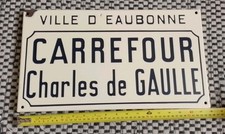 Vintage French Enamel Street Road Sign 'Carrefour Charles de Gaulle'