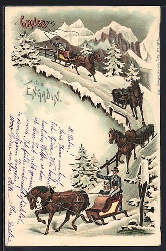 Postcard horse drawn sleigh - postcard:, horse-drawn