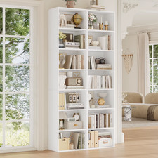 Tall Bookshelf 7 Tier Slim Shelving Unit Storage Rack for Living Room White Wood
