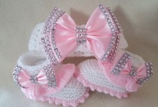 Hand knitted Romany Bling baby girls booties/shoes/Crochet headband.newborn