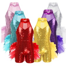 Girl Sparkly Sequins Ballet Dance Leotard Jumpsuit Ruffled Performance Costume