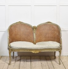 Late 19th Century Painted & Parcel Gilt Caned Canapé Settee | French RibbonFrame