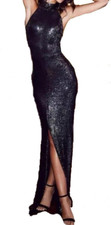 Black Glitter Maxi Dress 14 Side Slit Party Occasion Evening Wedding Prom Gown