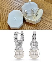Swarovski Matrix drop earrings Crystal pearl, Round cut, White, Rhodium plated