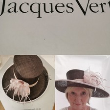 Jacques Vert Ladies Hat with Box Occasion Brown Pink Brim Flower Feather Wedding