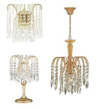 Searchlight "Waterfall" Range. Gold Finish & Crystal Drop Chandelier Lights