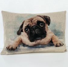 Pug Dog Puppy Small Bolster Cushion Cover Linen Look Fabric Cotton Rich 12x18 in