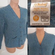 St Michael Cardigan Vintage UK 18 (14-16) Shetland Wool Blue Long Sleeve Pockets