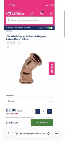 Copper press fit elbow - , 45°