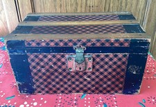 Antique Small Salesman Sample Steamer Doll Trunk Red/Black Check Paper 13X7.5X7”
