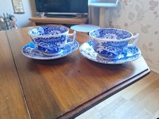 2 Spode Italian Blue White Tea Cups Saucers Matching