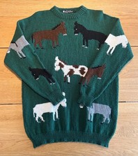 Vintage Hand Knitted Donkey Donkeys Farm Animals Jumper Sweater Novelty Green 