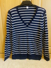 Womens V-Neck Jumper Navy White Striped Sweater Size Large BNWOT