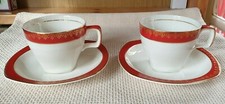 2 STYLECRAFT MIDWINTER SCARLET RED & GOLD ART DECO TEA CUPS & SAUCERS