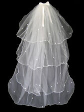 4 TIER IVORY BRIDAL WEDDING VEIL WITH PEARLS & COMB & BOW 50" BRAND NEW