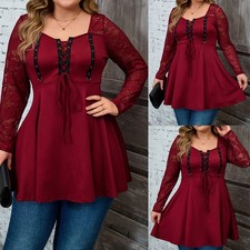 Plus Size Women Gothic Lace Up Tops Long Sleeve Steampunk Halloween Blouse Shirt