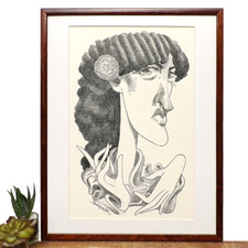 Original Drawing Framed Portrait Woman Signed Pen Ink Large Art British Artist