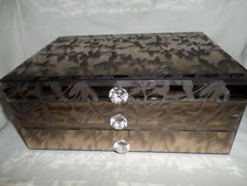 LARGE SMOKED GLASS LEAF PATTERN JEWELLERY BOX WITH DRAWER NEW !!