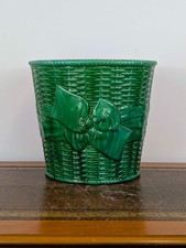Mintons majolica planter with green glaze & moulded basket weave bow, c.1890