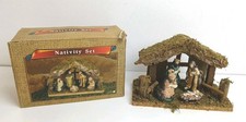 Vintage Christmas Nativity Scene With 4 Ceramic Figures Wood & Moss Manger
