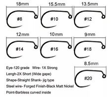 BARBLESS BLACK NICKEL WIDE GAPE JIG FLY HOOKS  -  CHOICE OF PACK & HOOK SIZE