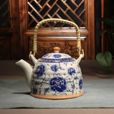 Classic Blue and White Porcelain Teapot with Woven Handle - Peony Design