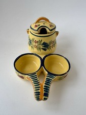 Antique Henriot Quimper Lidded Faience Cruet French Pottery, Mustard Salt Pepper