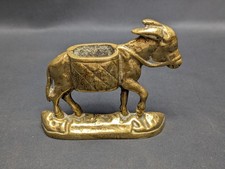 Antique Brass Donkey Figurine Match Holder or Trinket Basket Fireside Ornament
