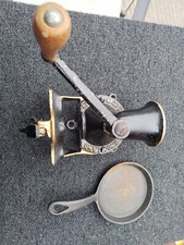 SPONG NUMBER NO. 1 WALL MOUNTED COFFEE GRINDER WOOD HANDLE  WITH IRON FRYING PAN