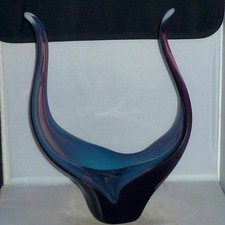 VINTAGE RETRO LARGE AMETHYST PLUM PURPLE FREEFORM GLASS BOWL BASKET SCULPTURE