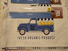 Farmhouse 100% Cotton 13in x 68in Table Runner W/ Tapered Ends Pickup Blue Truck