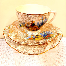 Antique 1940 MORLEY WARE Bone China Tea Trio Set  CRINOLINE LADYIN GARDEN Design
