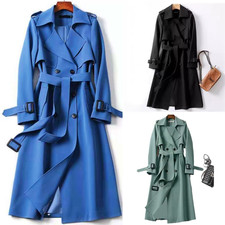 Women's Double-Breasted Long Trench Coat Windproof Classic Lapel Belted Overcoat