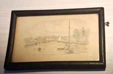 Antique detailed miniature hand sketched pencil drawing "The Bure at Wroxham"