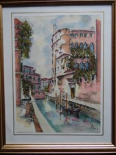 Venice, Canal View Original Italian Watercolour Indistinctly Signed