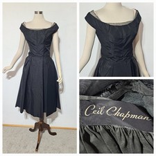 Vintage 1950s Ceil Chapman Black Cocktail Dress Fit & Flare Rhinestone Trim M/L