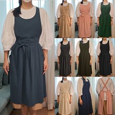 Women Baking with Pocket Pinafore Fixed Cross Back Apron Linen Cotton Dress Size
