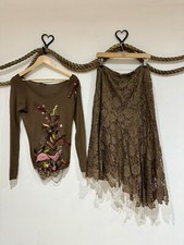 RENATO NUCCI 2 Piece Lace Asymmetric Boho Midi Skirt Knit Embroidered Top Set 42