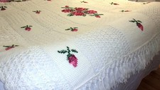 Vintage Handmade Crochet Rose 69"x72" Afghan Throw Bedspread Blanket w/ Tassels