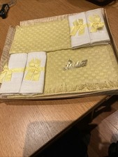Boxed Vintage Irish Linen Yellow & White Placemats & Napkins