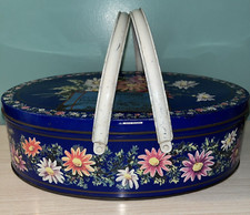 Vintage Huntley & Palmers "Blue Daisies" Oval Flower Hamper Biscuit Tin England
