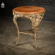 19th C Cast Iron Pub Table Base With Round Bleached Brushed Mahogany Top