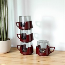 Four Maroon Early Retro Pyrex Cups Mugs JAJ Made In England Stackable 60s 70s