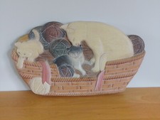 Wooden Carved 3D Picture of Cats Kittens in Basket - Wall Hanging Plaque 50x29cm