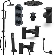 Matt Black Modern Square Round Bathroom Basin Bath Tap Thermostatic Shower Mixer