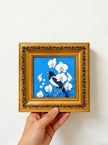 Magpie orchid art oil - magpie,
