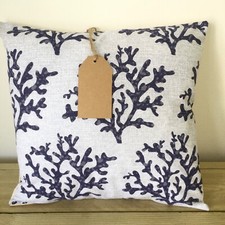 CUSHION COVER  COASTAL NAUTICAL SEASIDE CORAL NAVY # BLUE SEAWEED SEA GRASS