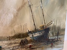 JOHN BAMPFIELD Signed Original Vintage Oil On Canvas of Ships at Dusk 35" x 24”