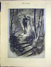 Old Antique Print Cyclist Danger Man Lady Woods Forest Walk Fine Art 1884 19th