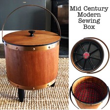 MCM Vintage Barrel Sewing Box Wood Teak Copper Tartan Lining Syskrin Danish VGC